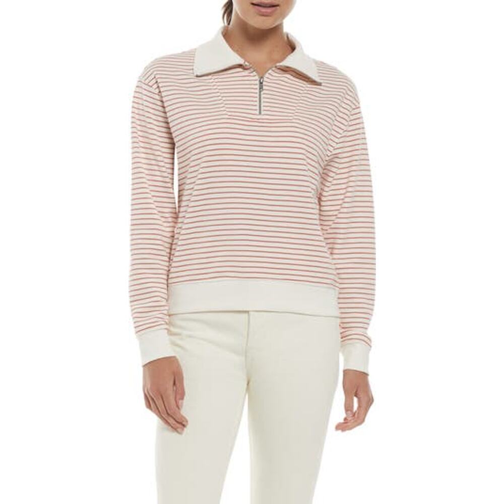 Three Dots Womens Arta Quarter Zip Striped Sweater Dusty Cedar - L New